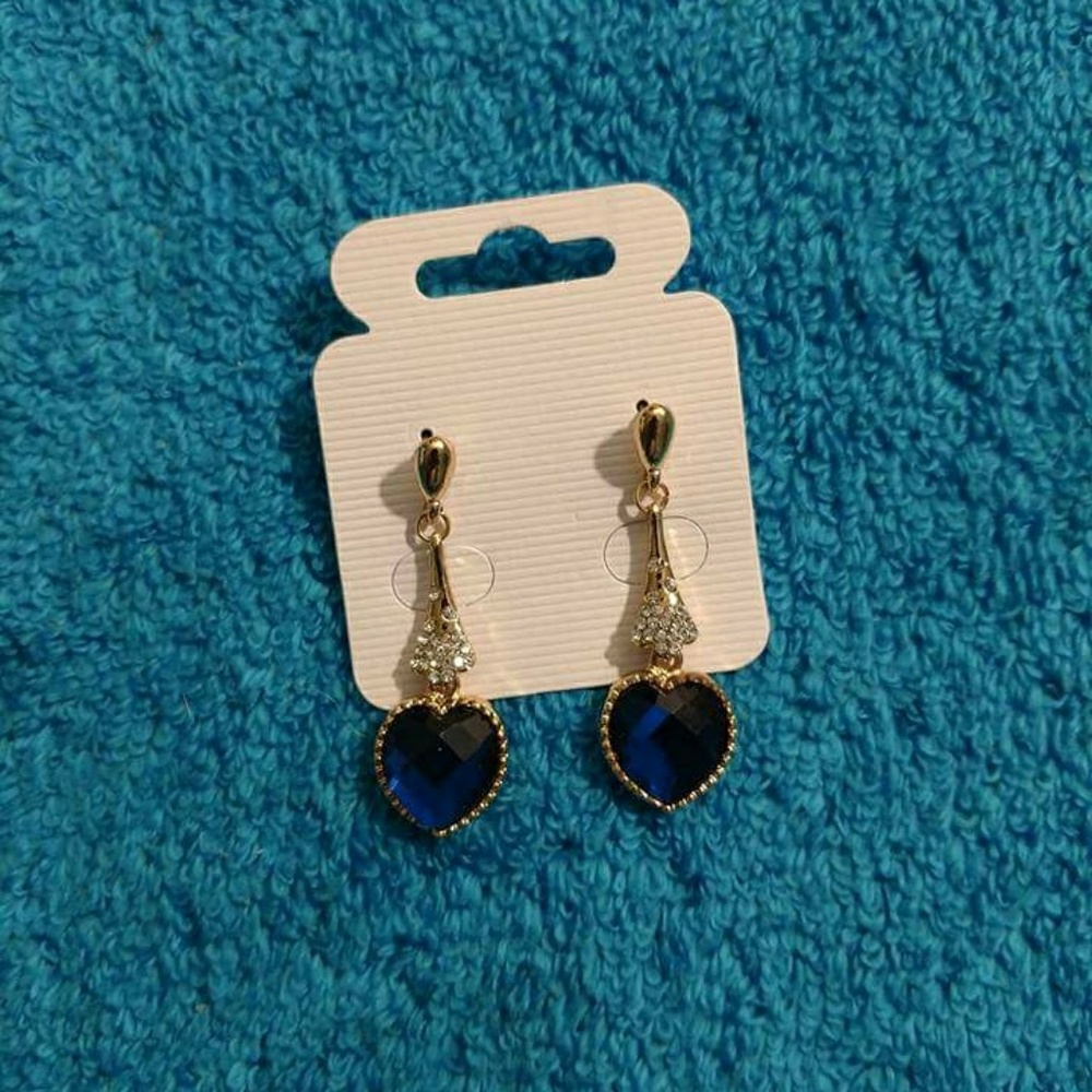 Blue Crystal Heart Dangle Earrings